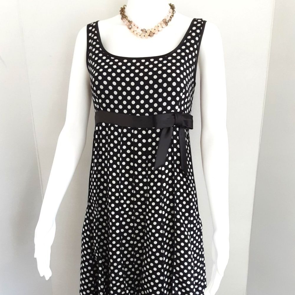 NWOT SANDRA DARREN BLACK WHITE POLKA-A-DOT EMPIRE WAIST RUFFLED HEM DRESS SZ 8